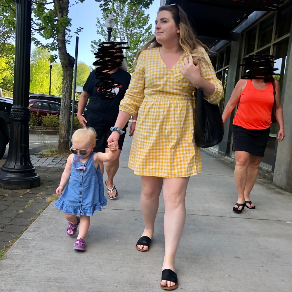 Old Navy 3/4 Sleeve Yellow and White Gingham Linen Wrap Dress with Bow